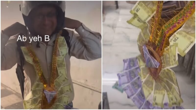 Blinkit delivery agent gets paid in note garland at wedding house, amuses internet