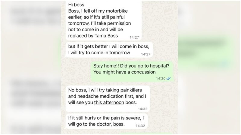 Bali employee tells boss he wants to work after bike accident, her reply goes viral