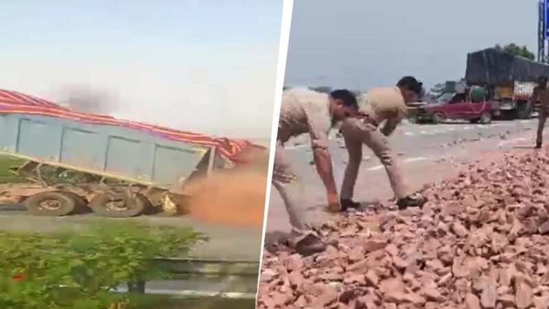 Watch: Truck flees after dumping stones on Noida highway, cops left clearing debris
