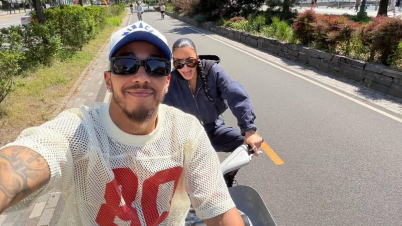Kim Kardashian nearly crashes her bike, Lewis Hamilton catches it on camera. Watch