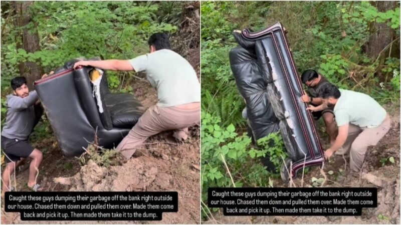 Canadian resident catches Indian men dumping sofa in forest, makes them pick it up