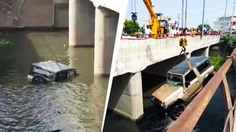 Video: Thar falls into drain after driver loses control, locals come to the rescue