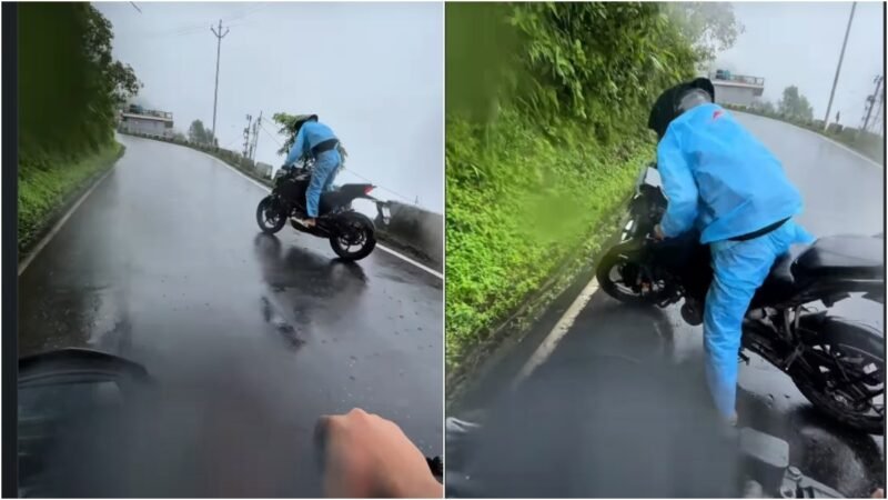 Biker almost skids off slippery Darjeeling road, cheats death while losing a shoe