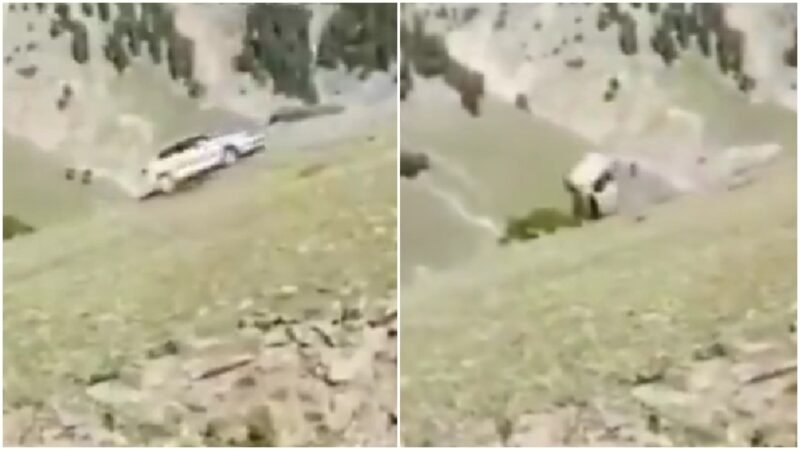 Tourists watch in horror as parked car rolls backwards, falls into gorge in Jammu