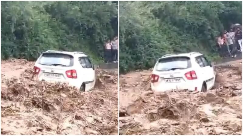 Uttarakhand driver narrowly escapes as car gets trapped in stream amid heavy rain