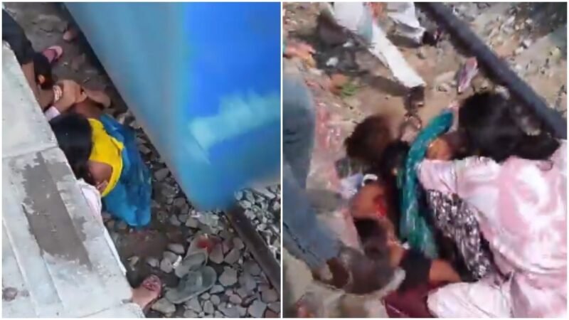 Mother lies over children as train brushes past her in horrifying moment on camera