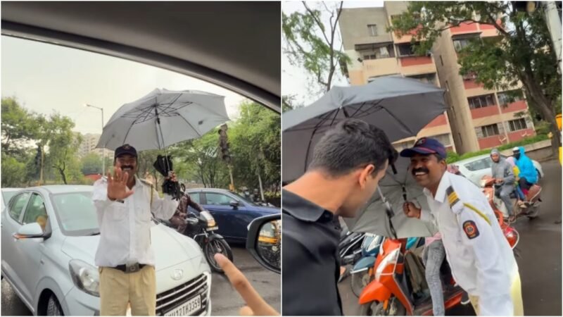 Pune man notices traffic cop standing in rain with broken umbrella, gifts him a spare
